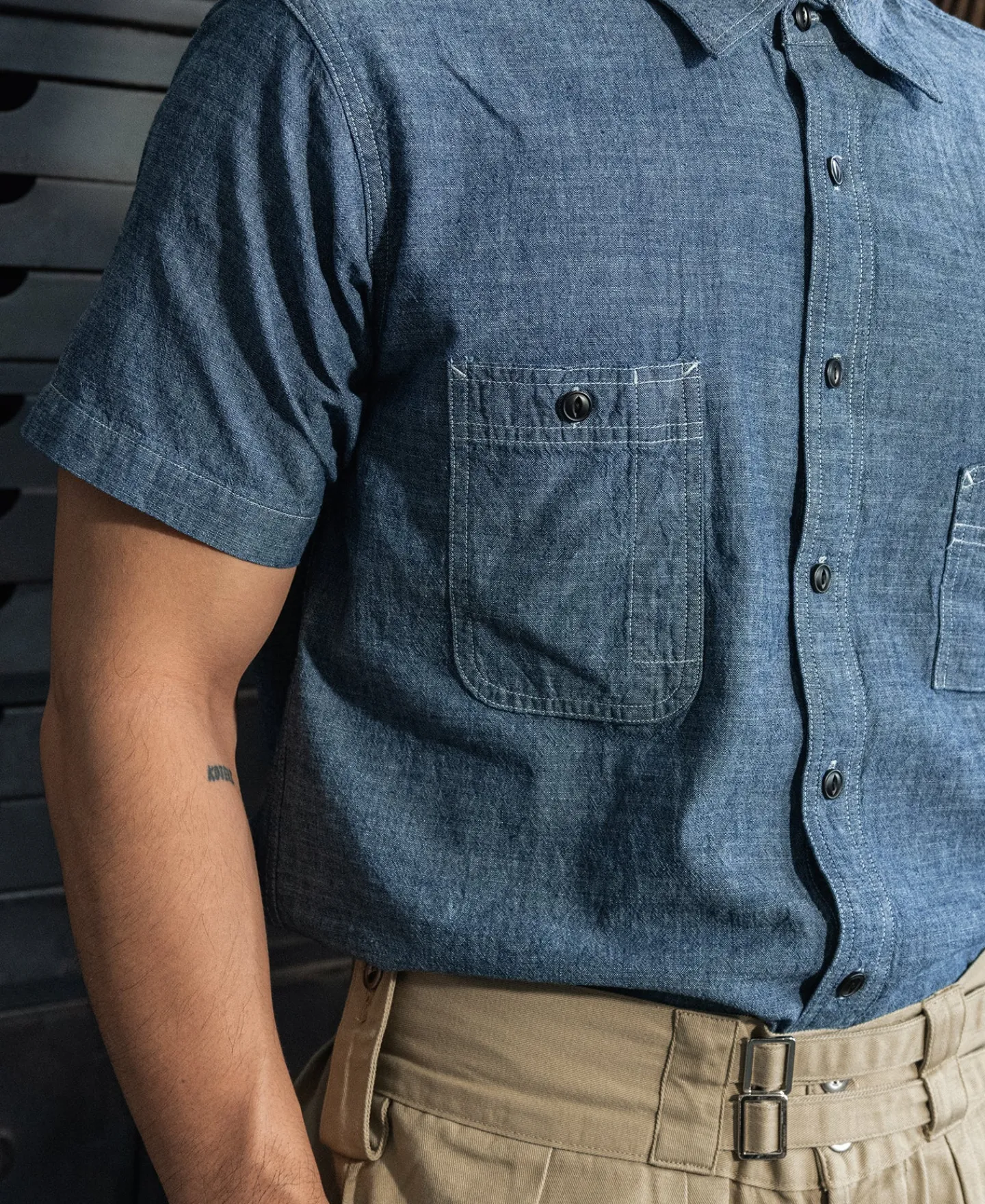 Bronson Mfg 1943 Slub Cotton Chambray Work Shirt> Short Sleeve Shirts