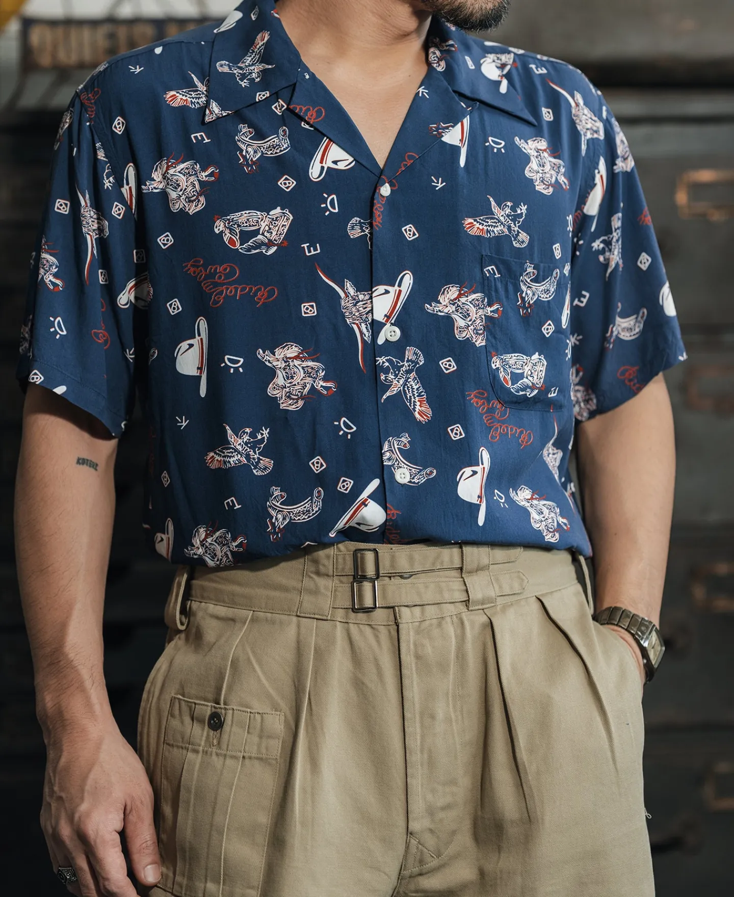 Bronson Mfg Cowboy Symbols Pattern Cuban Collar Shirt -> Short Sleeve Shirts