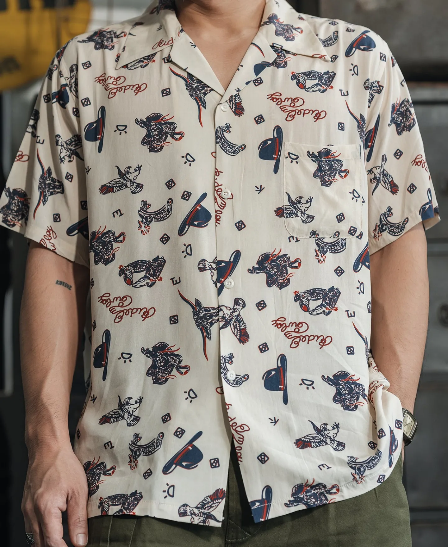 Bronson Mfg Cowboy Symbols Pattern Cuban Collar Shirt -> Short Sleeve Shirts