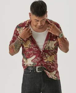 Bronson Mfg Ukiyo-e Tiger & Crane Pattern Aloha Shirt -><noscript><img width=